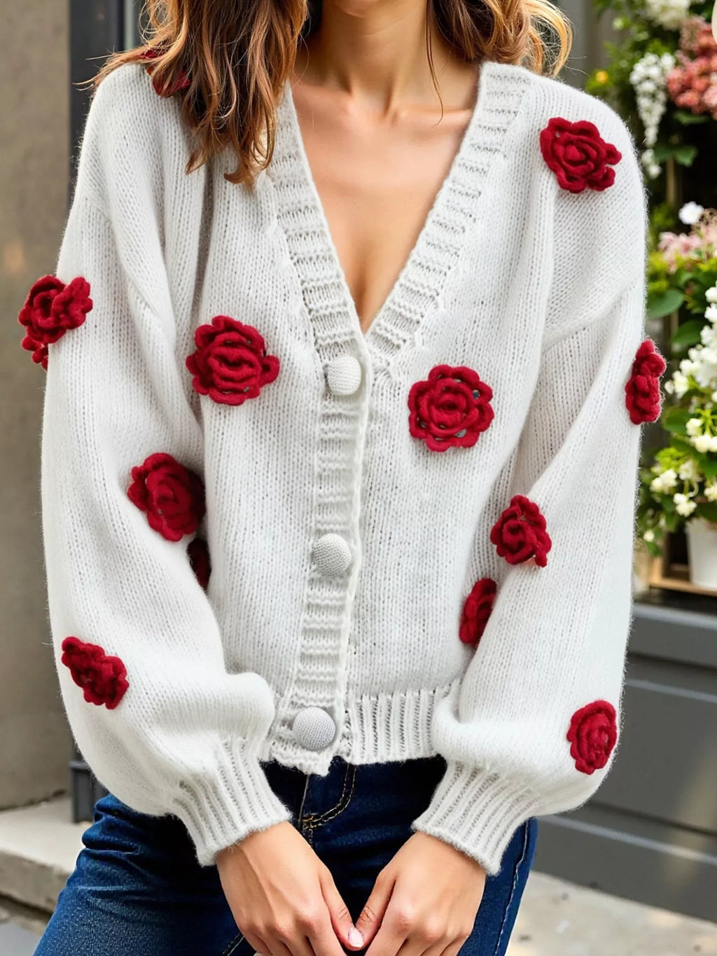 Sarah Express Women's Rose Embellished V-Neck Cardigan - Button Front Sweater