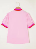 Sarah Express Women's Contrast Trim Notched Short Sleeve Blouse