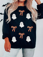 Sarah Express Women's Halloween Ghost Bow Sequin Patched Drop Shoulder Sweatshirt