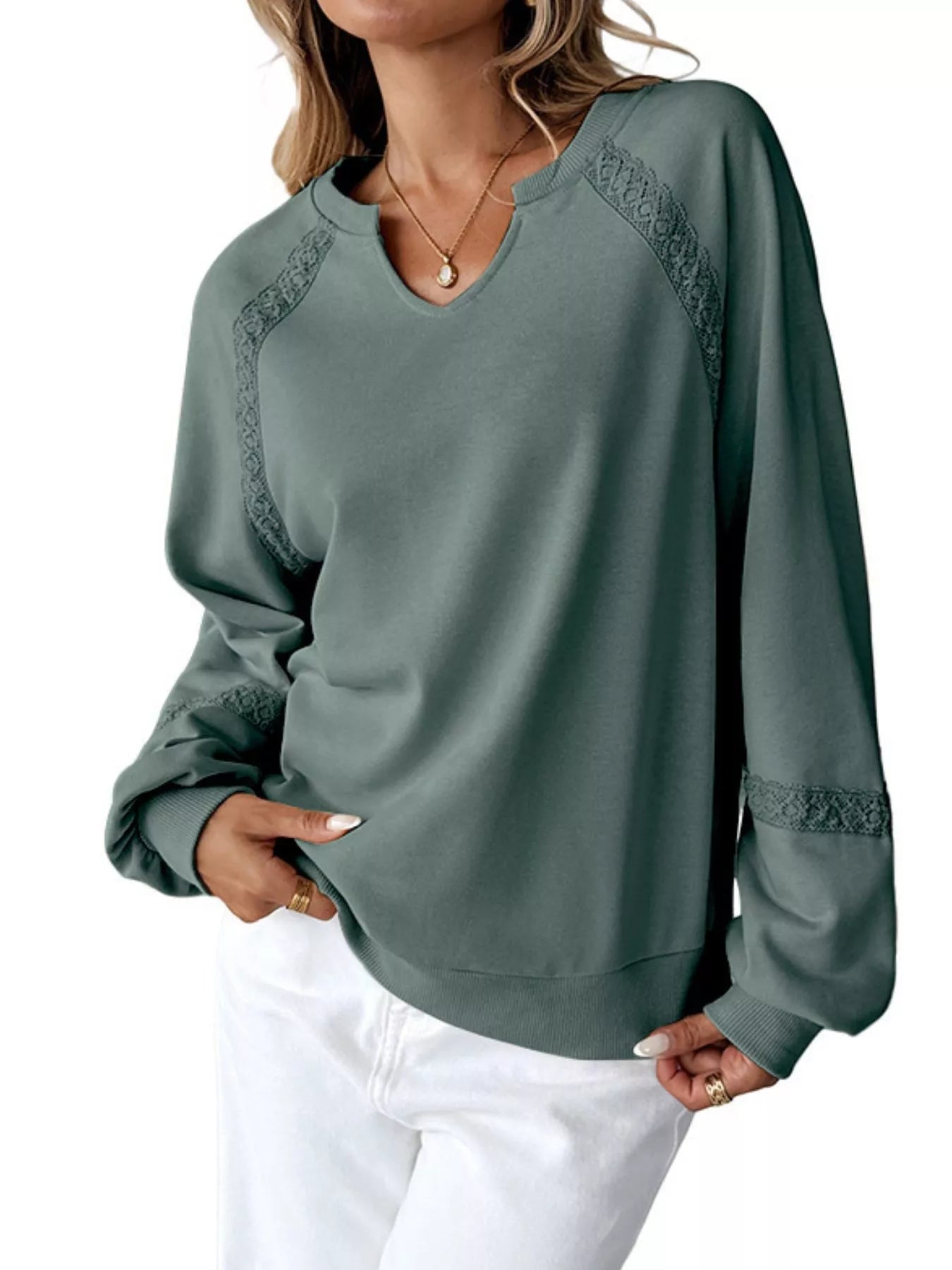 Sarah Express Women's Notched Raglan Sleeve Sweatshirt with Lace Detail