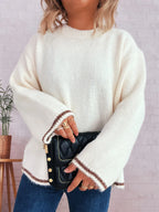 Sarah Express Women's Contrast Trim Round Neck Cozy Sweater