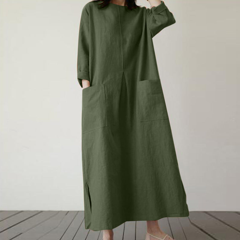 Women's Autumn Solid Color Elegant Cotton Dress Long Sleeve Wide Waist Basic Maxi Dress