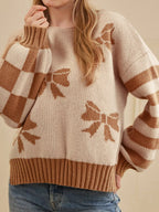 Sarah Express Women's Ribbon Bow Checkered Striped Sleeve Drop Shoulder Sweater
