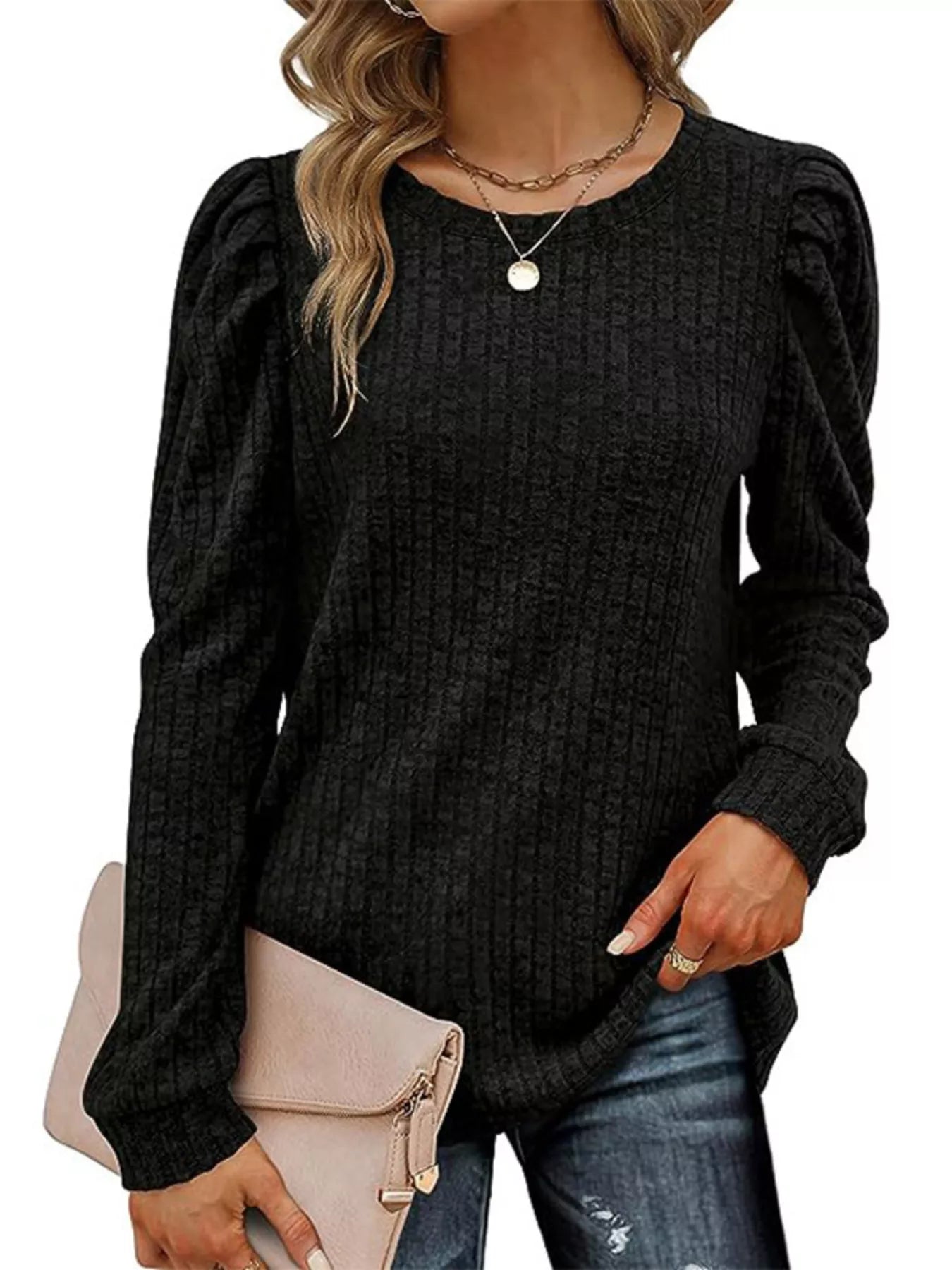 Sarah Express Women's Ribbed Knit Top with Puff Sleeves Black