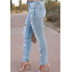 Women's Distressed Skinny Pants Mid Waist Cotton Ripped Denim Trousers Street Style