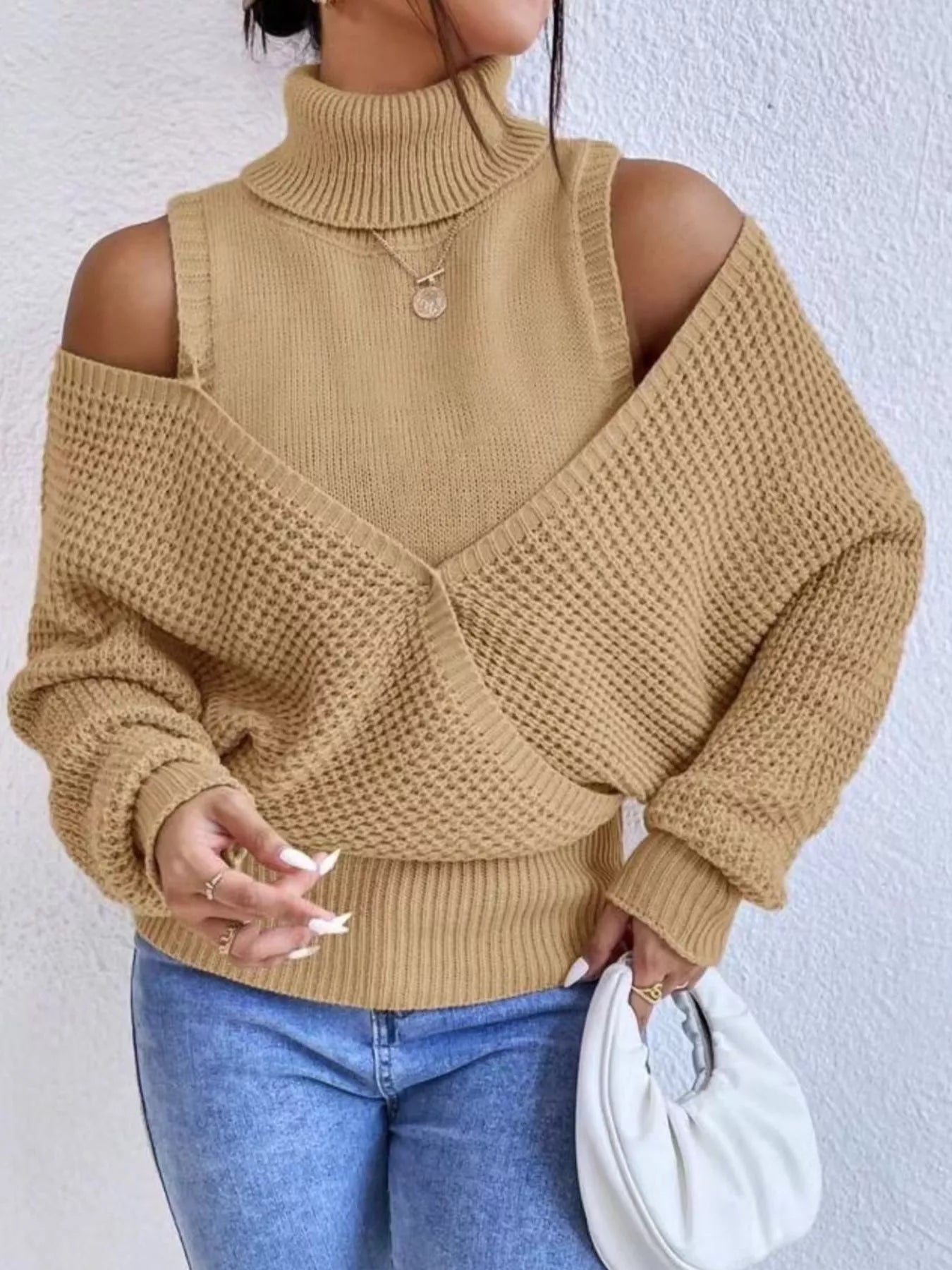 Sarah Express Women's Waffle Knit Cold Shoulder Turtleneck Sweater Camel