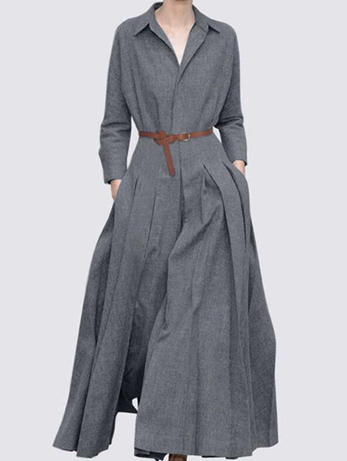 Women's Solid Color Pleated Dress Cotton Linen Casua