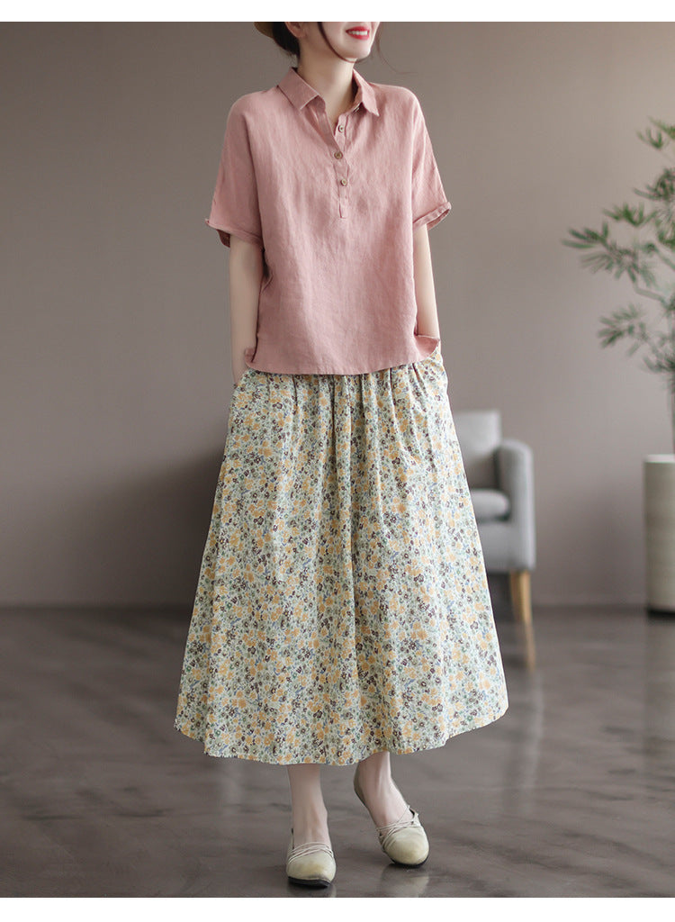 Floral Print Cotton Midi Skirt Elastic Waist Women's