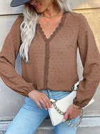 Sarah Express Women's Lace Detail V-Neck Long Sleeve Blouse