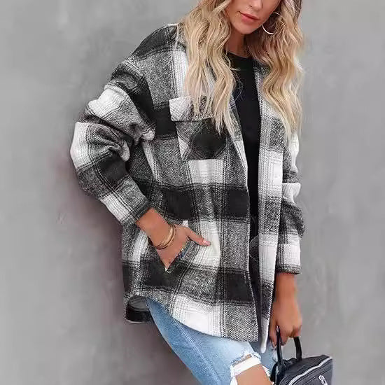 Sarah Express Women's Plaid Buckle Jacket - Loose Fit Long Sleeve Shacket Coat