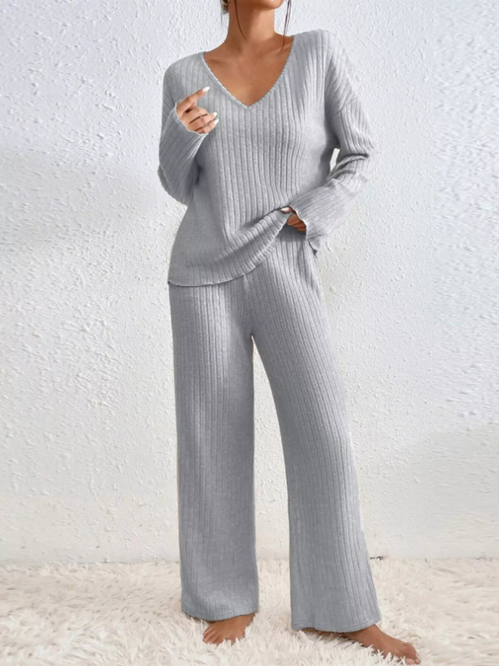 Sarah Express Women's Ribbed V-Neck Top and Pants Lounge Set - Two Piece Outfit Light Gray