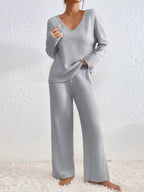 Sarah Express Women's Ribbed V-Neck Top and Pants Lounge Set - Two Piece Outfit Light Gray