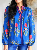 Sarah Express Women's Floral Notched Balloon Sleeve Blouse Royal Blue