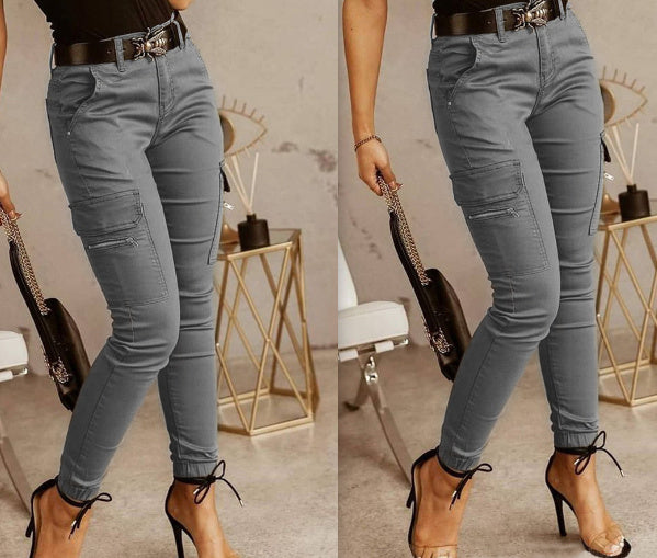 Women's Low Waist Cotton Blend Cargo Overalls Loose Fit Button Detail Trousers