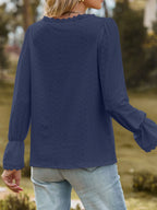 Sarah Express Women's Lace Trim V-Neck Blouse with Flounce Sleeves