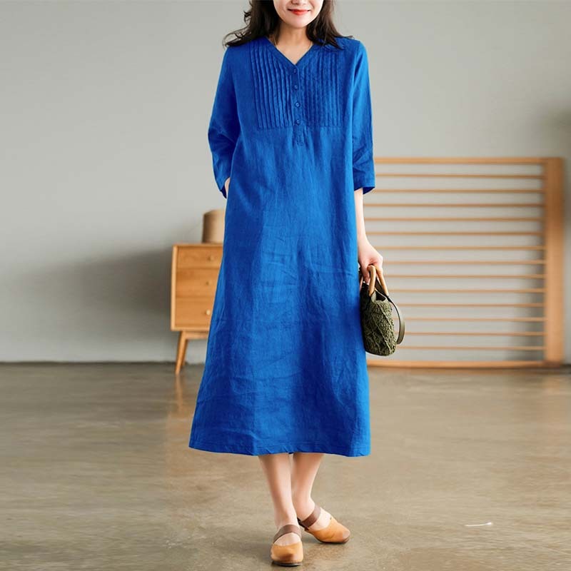 Cotton Linen V-Neck Midi Dress A-Line Retro