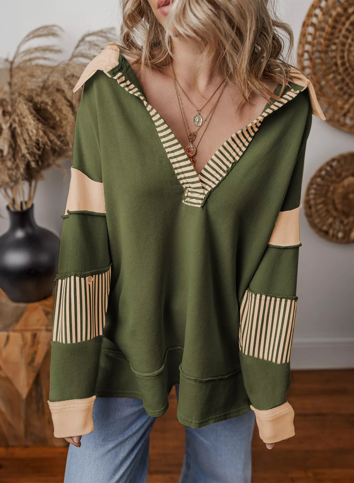 Sarah Express Women's Striped Color Block Long Sleeve Sweatshirt Green