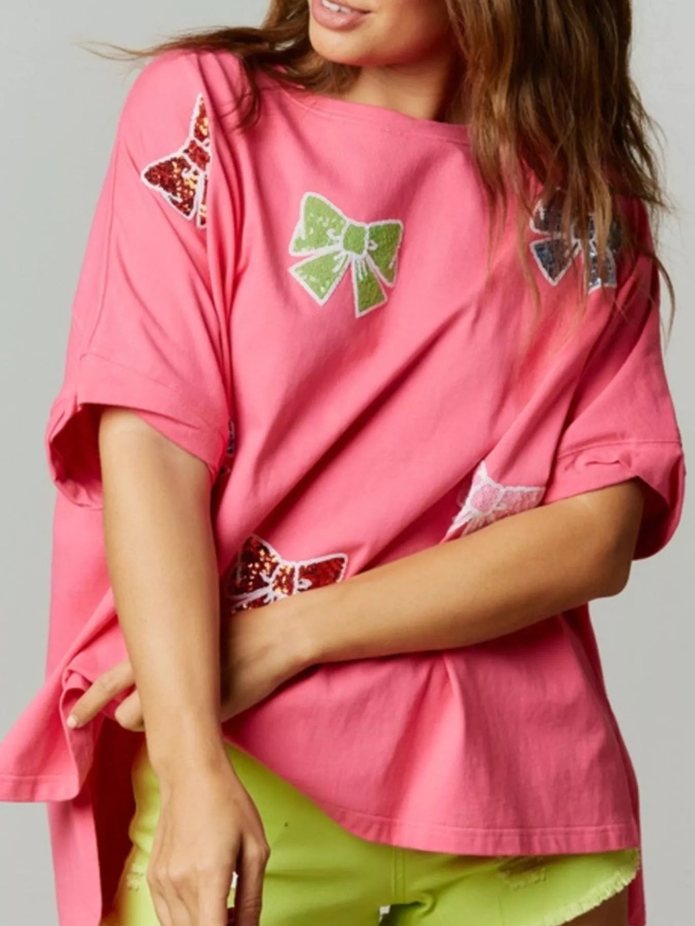 Sarah Express Women's Sequin Bow Round Neck T-Shirt - Oversized Casual Top