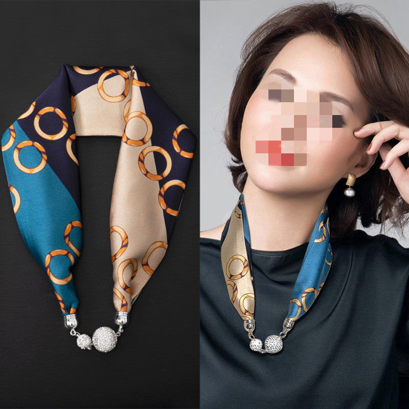 Magnetic Buckle Silk Scarf with Pearl Detail Women's Rectangular Necklace Scarf