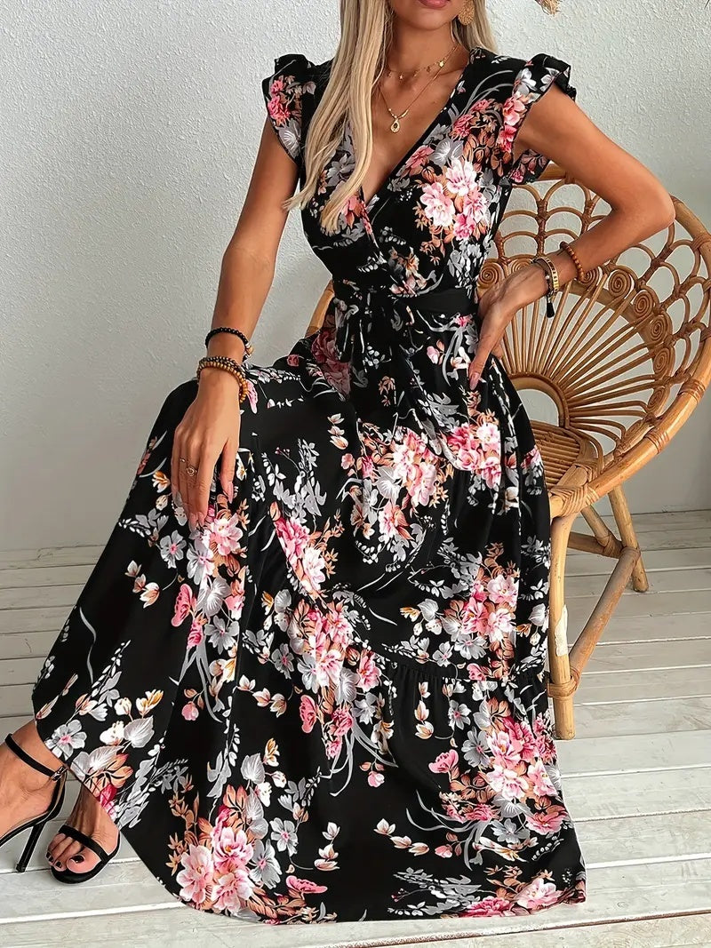 Women's Black Floral Print Dress Polyester