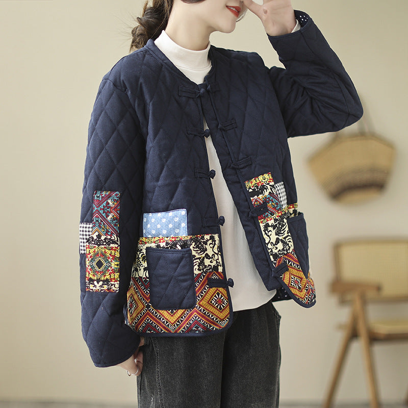 Women's Vintage Patch Cardigan Jacket Cotton-Padded Buckle Closure Rhombus Pattern Coat