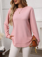 Sarah Express Women's Long Sleeve Round Neck Waffle-Knit T-Shirt