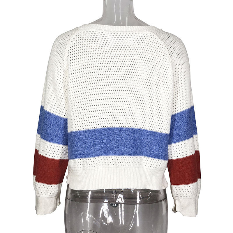 Striped Hollow-Out Pullover Sweater Long Sleeve Color Block Top