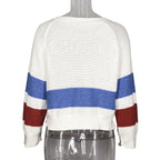 Striped Hollow-Out Pullover Sweater Long Sleeve Color Block Top