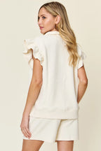 Sarah Express Women’s Plus Size Textured Flounce Sleeve Top and Shorts Set