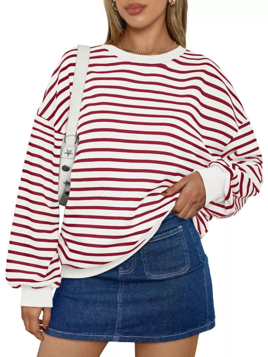 Sarah Express Women's Striped Round Neck Oversized Casual Sweatshirt