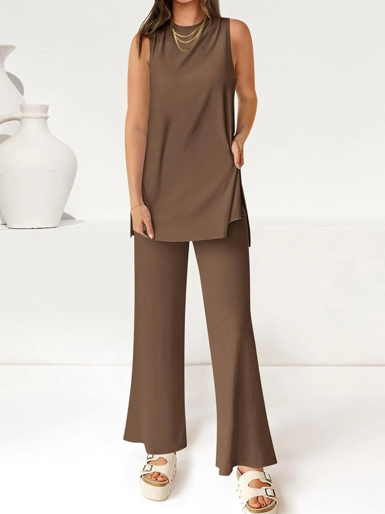 Sarah Express Women's Round Neck Tank and Pants Set Khaki