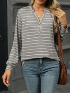 Sarah Express Women's Striped Henley T-Shirt with Button Detail