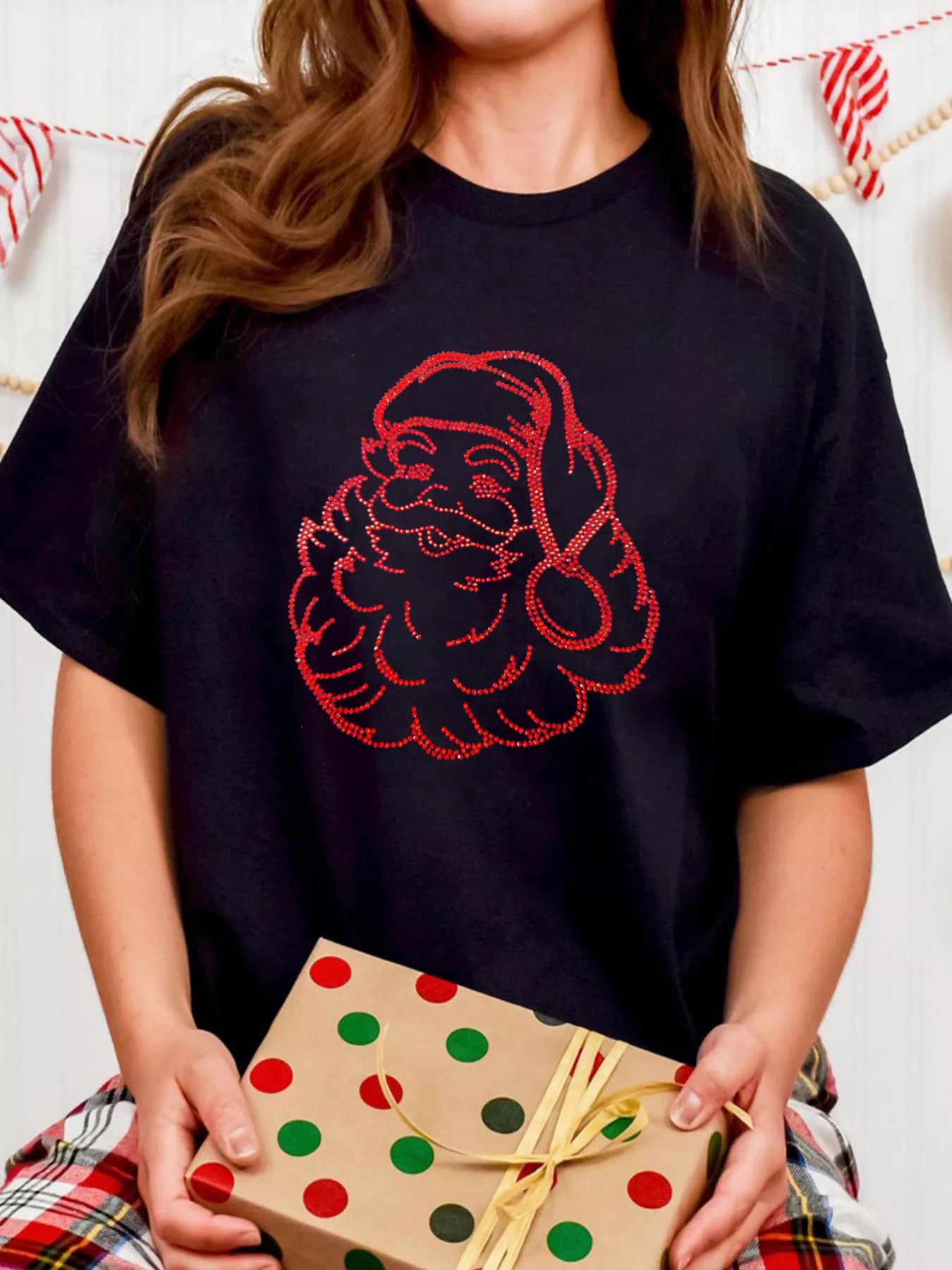 Sarah Express Women's Rhinestone Santa Claus Christmas Graphic T-Shirt
