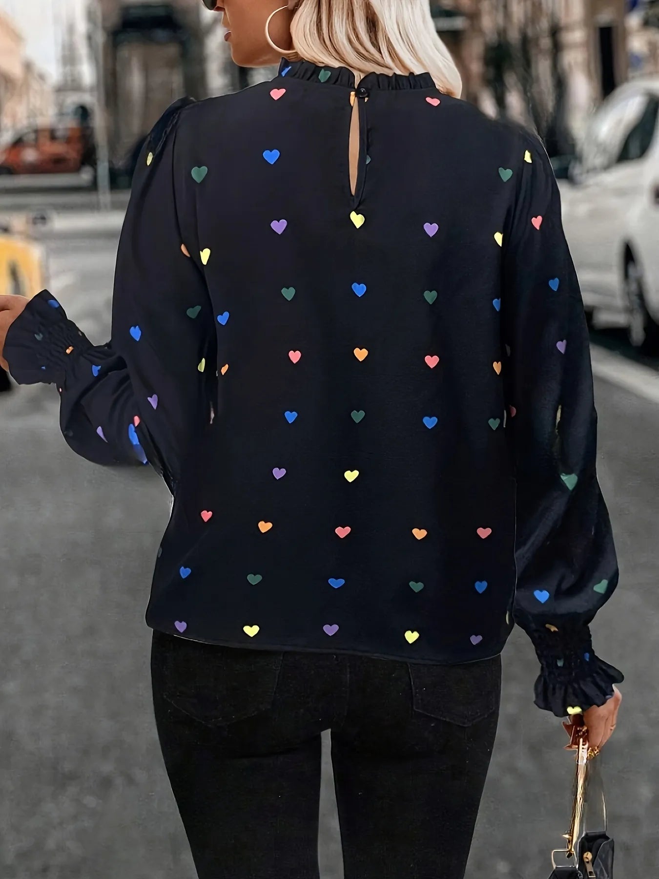 Sarah Express Women's Heart Print Lantern Sleeve Blouse