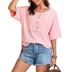 Sarah Express Women's Waffle Knit Short Sleeve Button Pullover Top