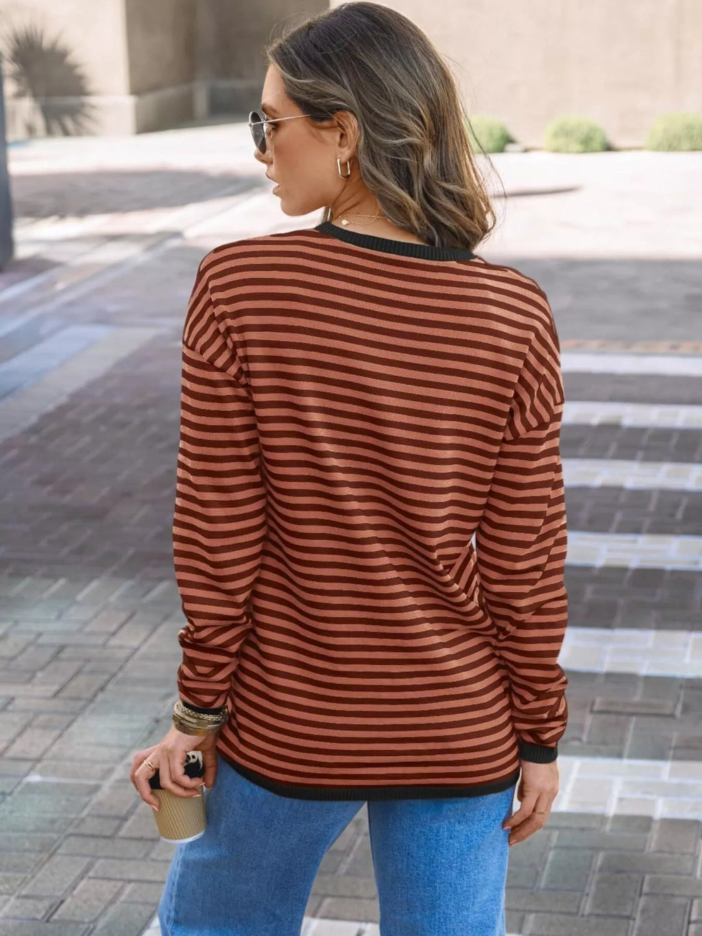 Sarah Express Women's Striped Round Neck Long Sleeve Knit Top with Pockets