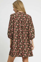 Sarah Express women’s floral tie-neck babydoll dress with ruched details.