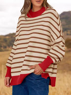 Sarah Express Women's Striped Round Neck Long Sleeve Sweater - Oversized Fit Red