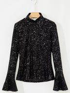 Sarah Express Women's Sequin Mock Neck Bell Sleeve Top - Backless Drape Design