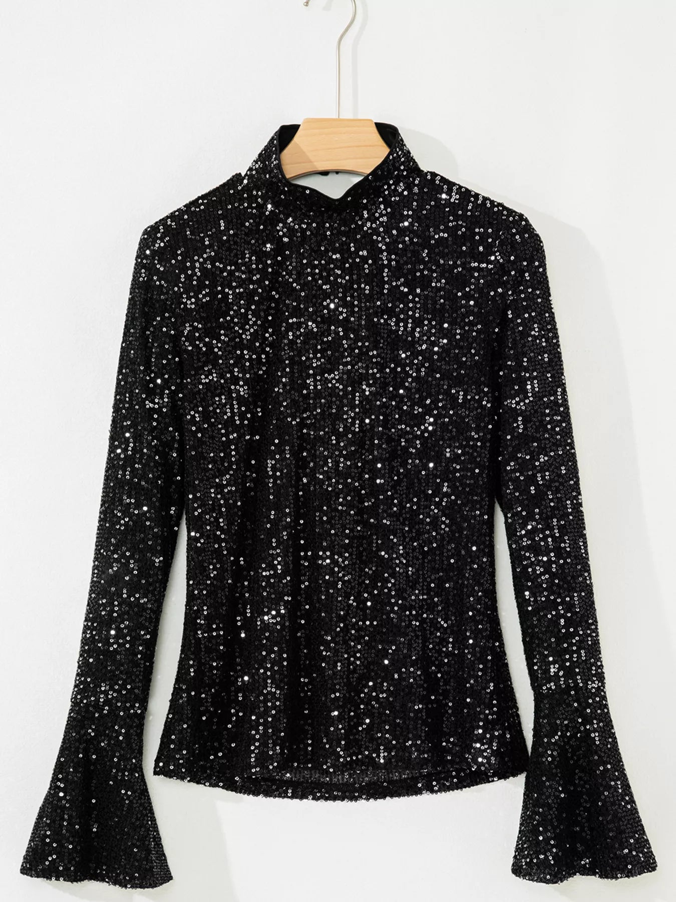 Sarah Express Women's Sequin Mock Neck Bell Sleeve Top - Backless Drape Design