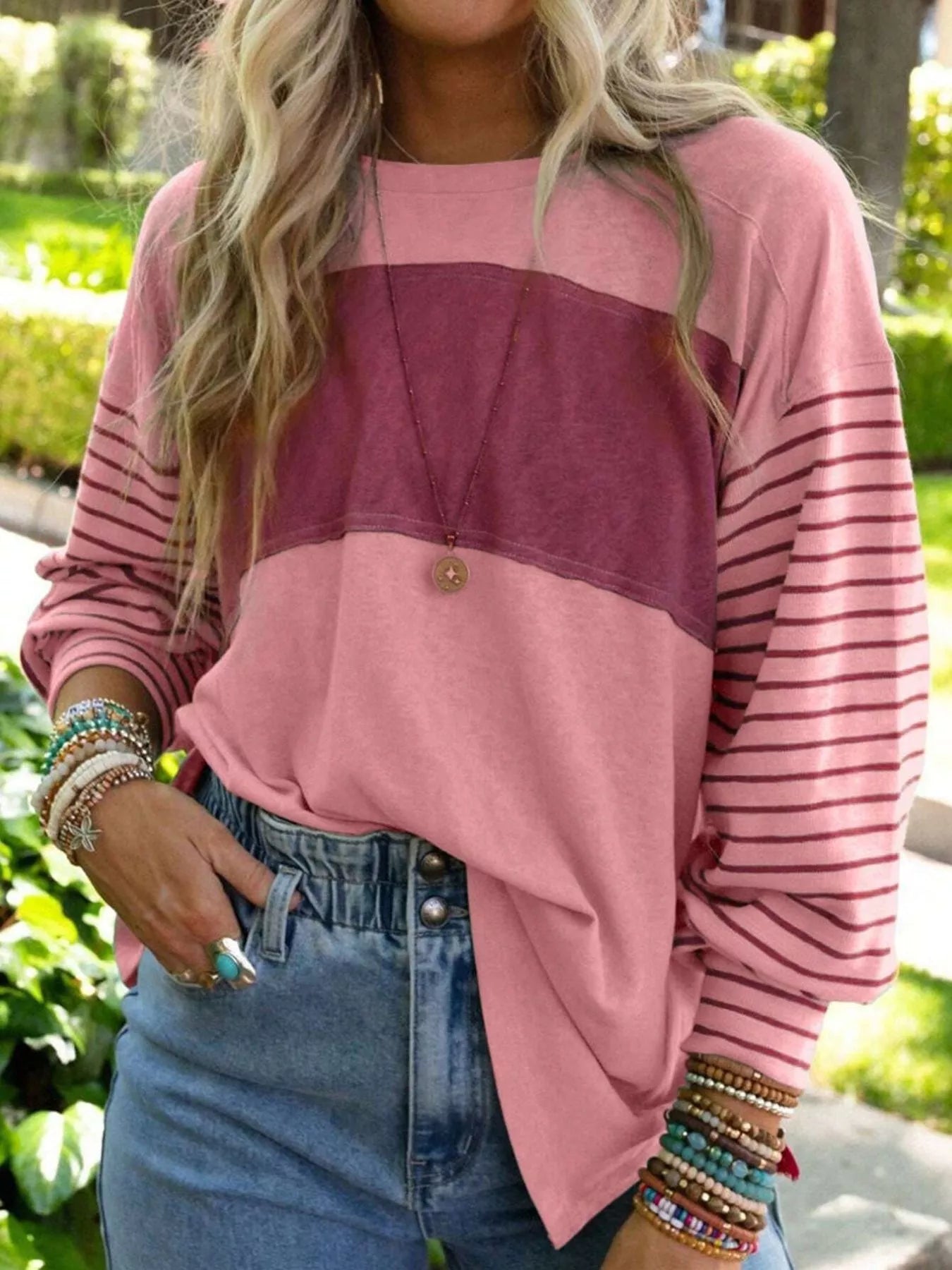 Sarah Express Women's Striped Color Block Long Sleeve T-Shirt Cerise