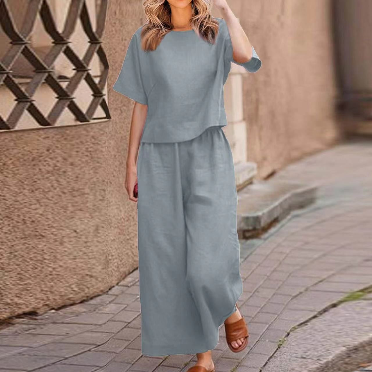 Cotton Linen Two-Piece Set Casual Loose Top Pants Outfit