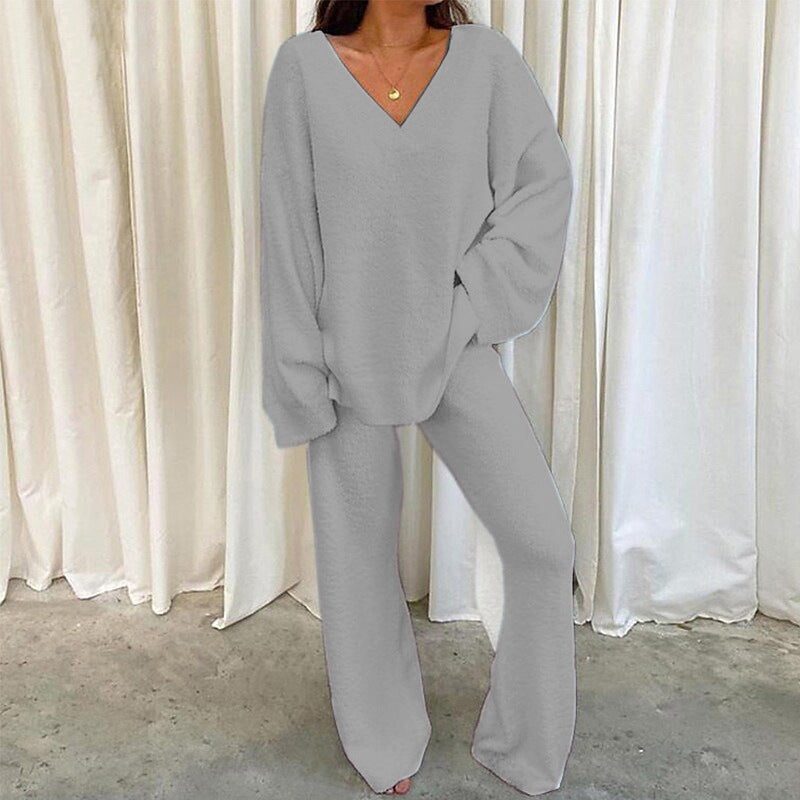 Women's V-Neck Long Sleeve Two-Piece Lounge Set with Pants
