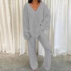 Women's V-Neck Long Sleeve Two-Piece Lounge Set with Pants