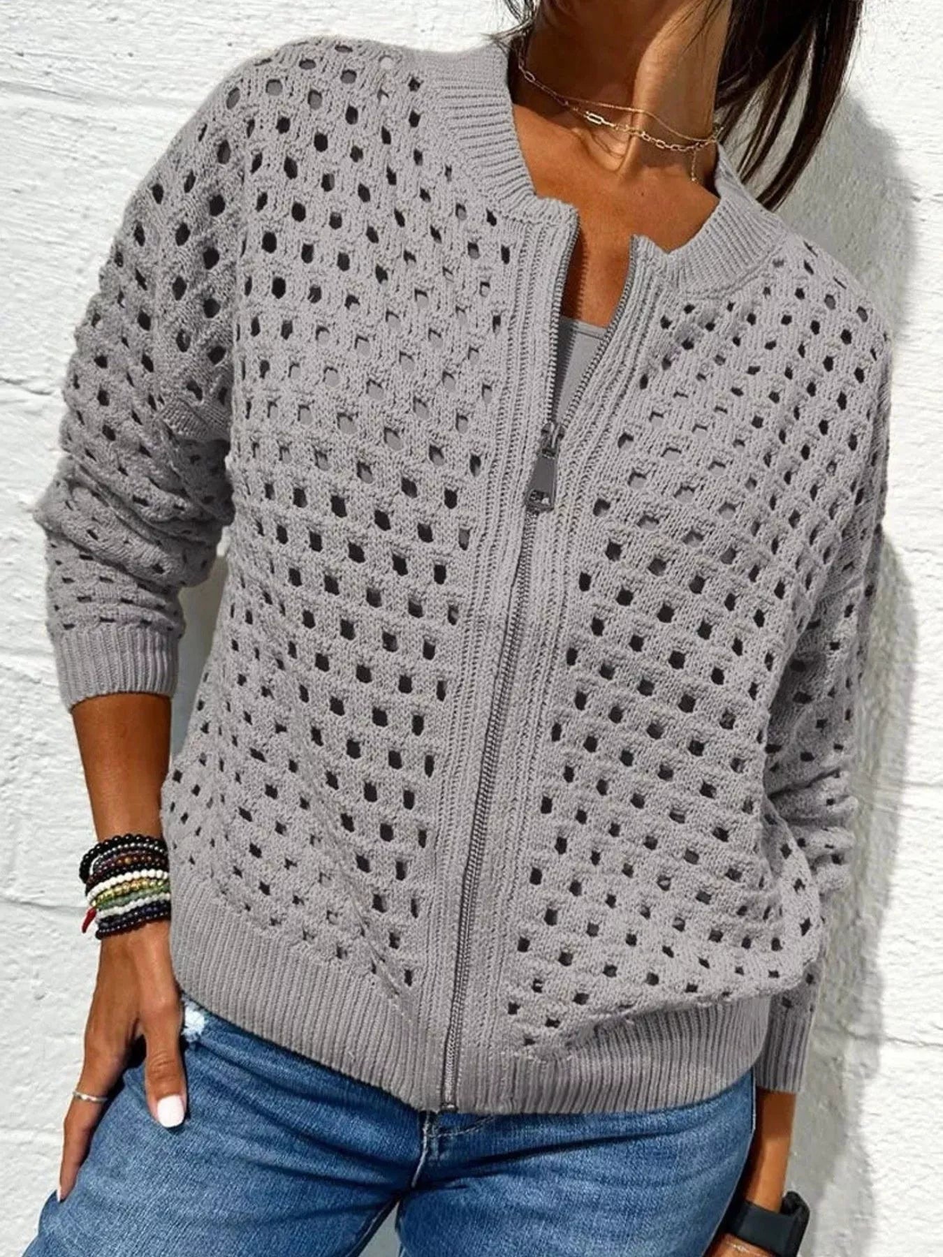 Sarah Express Women's Full Size Zip Up Long Sleeve Cardigan with Eyelet Detail Plus Size Grey