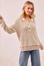 Sarah Express Women’s Two Tone Ribbed Sweater with Half Button Collar