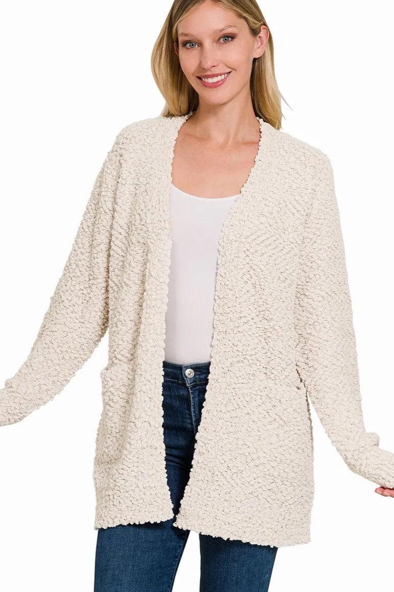 Long Sleeve Popcorn Sweater Cardigan with Pockets