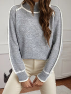 Sarah Express Women's Turtleneck Contrast Trim Sweater with Ribbed Details