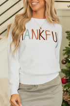 Sarah Express Women's THANKFUL Round Neck Long Sleeve Knit Top White