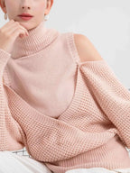 Sarah Express Women's Waffle Knit Cold Shoulder Turtleneck Sweater